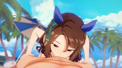 1boy 1girls 3d animated beach beach_ball beach_umbrella blowjob blowjob_only brown_hair fellatio female_focus hair_ribbon horse_ears horse_girl king_halo_(umamusume) koikatsu light-skinned_female light-skinned_male light_skin long_hair male_pov oral oral_sex outdoors shoko_(shokoshako) tagme umamusume umamusume_pretty_derby video