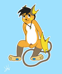 1boy 2018 3_toes black_hair blue_background bluizer buiz_the_raichu feet fur furry grey_eyes hair hi_res male male_only mammal necklace nintendo orange_balls orange_fur original_character pokémon_(species) pokemon pokemon_(species) raichu rat rodent short_hair signature simple_background smile solo spread_legs spreading testicles text tip toes video_games