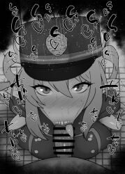 1boy 1girls :>= bare_shoulders big_penis black_and_white blue_archive blush censored dark-skinned_male dark_skin detailed_background drooling eyelashes fellatio female hat heart horn humanoid indoor inside kurotama long_hair looking_at_viewer male male_pov nozomi_(blue_archive) oral oral_sex penis pointy_ears room saliva shiny shiny_skin sketch sound_effects squatting straight sweat text tongue_out top_hat vein veins veiny veiny_penis