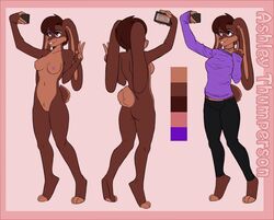 anthro ashley_thumperson ass barely_visible_genitalia breasts brown_fur brown_hair buckteeth cellphone clothed clothing ears_down female fur gesture hair jewelry lagomorph legwear mammal middle_finger model_sheet navel necklace nipples nude phone purple_eyes pussy rabbit scarlet-frost selfie short_hair solo sweater teeth tights v