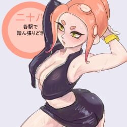 1girls agent_8_(octo_expansion) agent_8_(splatoon) arms_up ass black_skirt blush bracelet breasts cleavage digital_media_(artwork) female japanese_text large_breasts nintendo octoling octoling_girl open_mouth orange_hair short_hair skirt solo solo_female solo_focus splatoon splatoon_2 splatoon_2:_octo_expansion sweat sweatdrop tanukichikushin tentacle_hair translation_request twitter_link unzipped unzipped_bodysuit yellow_eyes
