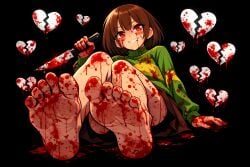 ai_generated bare_legs barefoot blood blood_on_clothing blood_on_face blood_on_foot blood_on_hand blood_on_knife brown_hair chara chara_(undertale) feet feet_focus knife red_eyes scarlethblood skirt soles soles_fetish soles_focus sweater toes undertale undertale_(series)
