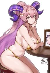 alternate_costume arm_support artist_name belly big_breasts bikini breasts chibi circlet cleavage closed_mouth desk eyes female fire_emblem fire_emblem_heroes gold_bikini gold_circlet hair_between head_on_hand horns long_hair looking_at_viewer navel nerthuz_(fire_emblem) pink_hair rotomdocs sideboob signature simple_background sitting skindentation smile solo swimsuit white_background