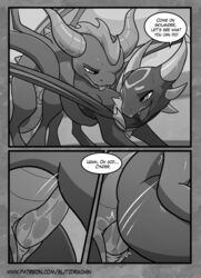 all_fours animal_genitalia blitzdrachin claws comic cum cynder dialogue dragon female feral greyscale horn male monochrome patreon sex slit spyro spyro_the_dragon straight video_games wings