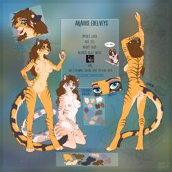 4_toes 5_fingers anthro araivis-edelveys areola black_lips blue_eyes breasts brown_hair digital_media_(artwork) digitigrade feline female fur hair hi_res hybrid liger mammal model_sheet navel nipples orange_fur pussy smile solo teeth tiger toes tongue