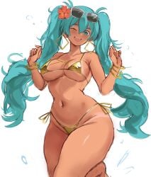 1girls ass beads bent_over big_ass big_breasts big_butt big_thighs bikini blue_hair bracelet bracelets brazilian brazilian_female brazilian_miku breasts butt can dat_ass earrings eyewear_on_head fat_ass female gigantic_ass gigantic_thighs golden_bikini hand_on_ass hand_on_butt hatsune_miku huge_ass huge_thighs looking_at_viewer looking_back nipple_bulge nipples_visible_through_clothing rakeemspoon sandals smile smiling smiling_at_viewer sunglasses tan_body tan_skin tan_skinned_female tanline tanlines teal_hair teasing thick_thighs thighs vocaloid waist_beads