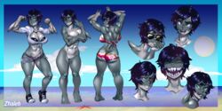 1girls 2017 5_fingers 5_toes abs ass back_boob beach big_breasts bikini black_hair blue_eyes breasts cigarette cleavage clothed clothing commentary digital_media_(artwork) female female_only grey_skin hair hand_wraps hi_res humanoid marine model_sheet monster_girl muscular muscular_female nude pussy scar seaside shark shark_girl shark_tail sharp_teeth short_hair shorts simple_background smile smoking sneakers solo standing swimsuit teeth toes wraps zhaleh