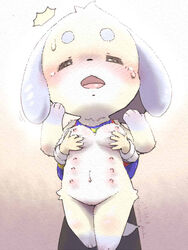 ambiguous_gender anatomically_correct animal_crossing barely_visible_genitalia blush bottomless breast_grab breasts closed_eyes clothed clothing clothing_lift daisy_(animal_crossing) dated fallinnight female female/ambiguous hand_on_breast nintendo nipples open_mouth pussy shirt shirt_lift signature simple_background subtle_pussy sweat text uncensored young