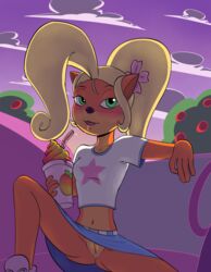 anthro bandicoot beverage blush breasts clothed clothing coco_bandicoot crash_(series) cute eyelashes female flower green_eyes hair long_hair mammal marsupial plant presenting pussy smile soulcentinel sunset video_games wumpa_fruit wumpa_whip