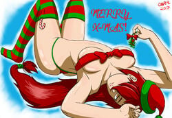 breasts candy_cane casper_(artist) gold_eyes long_hair mistletoe red_hair santa_hat stockings