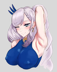 arm_up armpits caloart30 clothed heart-shaped_pupils hololive hololive_indonesia hololive_indonesia_holoro long_hair nipple_bulge pavolia_reine virtual_youtuber winking_at_viewer