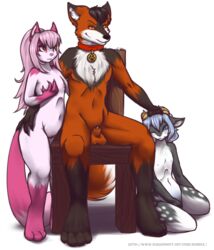 anthro black_fur black_hair blue_hair buster_the_fox canine caprine collar feline feline female fox fur goat hair horn kara_(trippledot) male mammal mia nude one_eye_closed orange_fur pet pink_fur pink_hair psychoticbubble spots white_fur