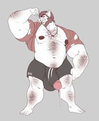 1boy anthro bara big_bulge boosterpang broody bulge clothed clothing cum cum_drip dripping flexing humanoid_penis jewelry looking_at_viewer male male_only mammal muscular muscular_male necklace nipples overweight penis penis_through_leghole poking_out porcine solo standing