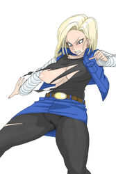 1girls accidental_exposure android_18 blonde_hair blue_eyes blush breasts dragon_ball embarrassed female female_only lost_clothes milf solo sorashu torn_clothes wardrobe_malfunction