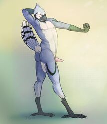 2015 anthro ass avian bird black_markings blue_feathers blue_jay chris_(seif) closed_eyes corvid feathers male male_only markings nude penis pig_(artist) simple_background solo standing stretching tapering_penis tired