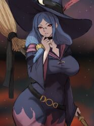 1girls artist_name big_ass big_breasts big_thighs black_choker blue_hair blurry blurry_background breasts broom choker commentary cowboy_shot crescent crescent_pin curvy_figure feathers female female_focus female_only glasses hair_tubes hand_on_own_chin hat hat_feather highres holding holding_broom light_smile little_witch_academia long_hair looking_to_the_side medium_breasts omiza_somi red_eyes red_feathers signature solo ursula_callistis watermark wide_sleeves witch witch_hat