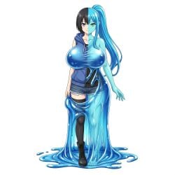 2girls ai_generated black_boots black_hair black_legwear black_shirt blue_eyes blue_hair blue_hoodie breasts cleavage female fusion green_eyes hair human_female large_breasts long medium_breasts nude ponytail short_hair sleeveless_shirt slime slime_girl transformation transformation_sequence