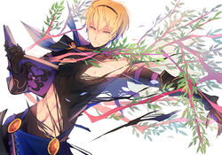 1boy abs blonde_hair book fire_emblem fire_emblem_fates gloves holding holding_book kariya_(mizore) leo_(fire_emblem) looking_at_viewer magic male male_only solo torn_clothes tree