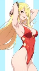 adjusting_hair alternate_breast_size alternate_eye_color armpits arms_behind_head arms_up asairosora bare_arms bare_legs bare_shoulders bare_thighs belly_button_visible_through_clothing blonde_hair blush bracelet breasts cleavage collarbone cynthia_(pokemon) groin hair_over_one_eye highleg_swimsuit long_hair medium_breasts one-piece_swimsuit parted_lips pokemon red_one-piece_swimsuit sideboob smile swimsuit thighs yellow_eyes