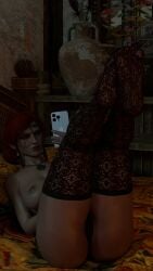 3d ass bed bedroom breasts cd_projekt_red earrings female fomos freckles hair_ornament legs_up light-skinned_female mascara necklace nipples panties phone red_hair selfie solo solo_female stockings the_witcher_(series) the_witcher_3:_wild_hunt triss_merigold
