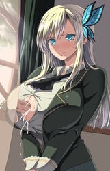 10s 1boy aqua_eyes blonde_hair blue_eyes blush boku_wa_tomodachi_ga_sukunai breasts bursting_breasts butterfly butterfly_hair_ornament center_opening clothed_sex clothing cum cum_in_cleavage cum_on_body cum_on_breasts cum_on_clothes cum_on_upper_body ejaculation_between_breasts female hair_ornament highres huge_breasts kloah necktie nervous paizuri paizuri_flux paizuri_under_clothes penis penis_under_clothes perpendicular_paizuri school_uniform seat sena_kashiwazaki solo_focus straight straining_buttons sweat sweater uncensored uniform