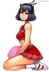 2025 ai_generated artist_name black_hair breasts cheerleader crazyfishbones crop_top female looking_at_viewer midriff secre_swallowtail short_hair skirt solo