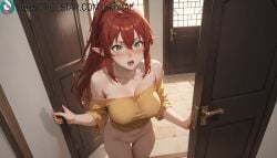 1girls ai_generated artist_name artist_signature bare_shoulders blush bottomless breasts cleavage collarbone door elf green_eyes hi_res high_resolution highres indoors kurutai large_breasts long_hair looking_at_viewer open_mouth pointy_ears ponytail pov_doorway pussy red_hair salaryman_ga_isekai_ni_ittara_shitennou_ni_natta_hanashi shirt sidelocks solo standing subscribestar subscribestar_username thigh_gap ulmandra uncensored yellow_shirt