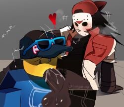 balls blowjob butcher_vanity_(synthesizer_v) cap fellatio forsaken_(roblox) friday_the_13th gay jason_voorhees male male/male mask noob noob_(forsaken) official_alternate_costume oral penis penis_out roblox roblox_game robloxian sabobonds sunglasses tagme twitter_username vanity_jason watermark yaoi
