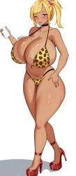1girls animal_print bikini blonde_hair cellphone cindy_candy dark-skinned_female full_body gigantic_breasts gyaru heels huge_breasts leopard_print one_eye_closed pink_eyes smile white_background yua_(argaoffroad) yua_respati
