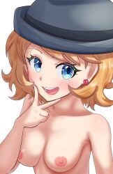 blonde_hair blue_eyes breasts completely_nude completely_nude_female earrings hat maho_(corotonton5150) nude nude_female pokemon pokemon_(anime) pokemon_journeys pokemon_xy serena_(pokemon) short_hair smile smiling smiling_at_viewer v_sign