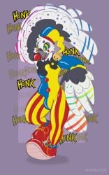 5:8 avian bell bird clothing clown feathered_wings feathers hi_res hypnosis hypnotic_eyes latex latex_clothing male male_only mid_transformation mind_control red_nose symrea transformation wings