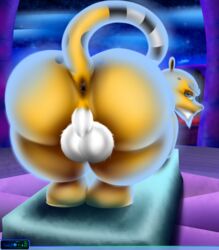 all_fours annoyed anthro anus ass backsack balls bent_over big_butt blue_eyes cheetah dragon feline fur huge_butt hunter_(spyro) looking_at_viewer looking_back male male_only mammal night potion raised_tail rear_view solo spyro_the_dragon stuck video_games yellow_fur zandolaf