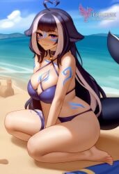 1girls 2d ahoge ai_generated ass barefeet beach big_ass big_breasts bikini black_hair breasts day erophoenix feet female female_focus full_body long_hair looking_at_viewer looking_back multicolord_hair nude pale_skinned_female patreon_username shylily side-tie_bikini smile soles solo solo_female sweat swimsuit tail tattoo thick thick_thighs thigh_strap toes uncensored