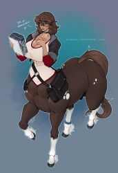 animal_genitalia anklet bag big_breasts blue_eyes blush box breasts brown_body brown_hair brown_tail bulge centaur choker clara_(wmdiscovery93) cleavage clothed clothing container dialogue english_text equid equid_taur european_mythology eyebrow_through_hair eyebrows eyewear fully_sheathed genitals glasses greek_mythology gynomorph hair heart_symbol hi_res hooves humanoid_taur intersex jewelry leg_markings mammal mammal_taur markings messenger_bag mythology necklace sheath socks_(marking) solo tail taur text translucent translucent_hair wmdiscovery93
