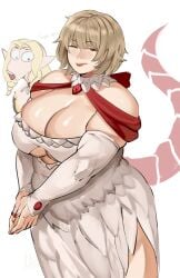 2girls artist_name blonde_hair bob_cut busty chubby chubby_female cleavage delicious_in_dungeon dress dungeon_meshi falin_touden feathers light-skinned_female light_skin marcille_donato puzzled_artist red_fingernails staring staring_at_breasts thick yuri