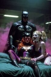 1boy 1boy2girls 2girls ai_generated barbara_gordon batgirl batgirl_(barbara_gordon) batman batman:_the_animated_series batman_(bruce_wayne) batman_beyond batman_logo boots boss_and_subordinate breast_squeeze bruce_wayne cape choker dc_extended_universe dominant_male fully_clothed harley_quinn harley_quinn_(series) hero_on_villainess heroine kissing laughing making_out mouth_open older_male older_male_and_younger_female orange_hair submissive_female superhero tagme the_new_batman_adventures threesome tongue_kiss twintails video villainess_on_heroine