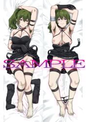 absurdres arm_strap armpit_hair armpits arms_up barefoot black_dress black_gloves black_panties boots breasts censored censored_by_text choker clothes_pull commentary_request dakimakura_(medium) dress dress_pull feet female female_pubic_hair full_body gloves green_hair hews highres jitome large_breasts looking_at_viewer lying nipples no_panties o-ring o-ring_choker on_back on_bed panties panties_around_ankles panty_pull pleated_dress presenting_armpit pubic_hair purple_eyes pussy_juice_stain sample_watermark second-party_source side_ponytail single_glove smile sousou_no_frieren suspenders_hanging sweat sweaty_armpits thigh_strap thighs toes ubel_(sousou_no_frieren) underwear unworn_boots watermark