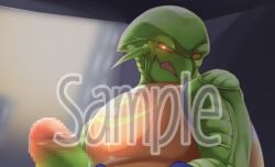 alien armor big_penis censored clothing erection f-zero genitals gloves green_body handwear humanoid_genitalia humanoid_penis looking_at_viewer male mosaic_censorship nintendo penis pico_(f-zero) sample_text solo yurari_yr