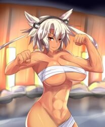 abs alto-kun altronage breasts budget_sarashi dark-skinned_female dark_skin female female_only headgear kantai_collection large_breasts musashi_(kantai_collection) muscle muscular_female onsen pointy_hair red_eyes sarashi solo tan_skin tanned white_hair