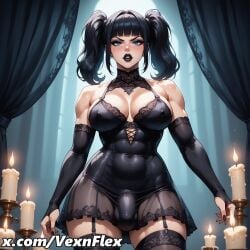 ai_generated artist_name bangs bare_shoulders black_hair black_lips black_nails black_thighhighs blue_eyes breasts bridal_gauntlets bulge candle cleavage covered_navel covered_nipples cowboy_shot dress ear_piercing earrings female futanari garter_straps gloves goth goth_girl gothic hi_res high_resolution indoors jewelry large_breasts lingerie lipstick looking_at_viewer makeup muscular muscular_female nail_polish patreon_username piercing see-through solo testicles thick_thighs thighhighs thighs twintails vexnflex violet_(vexnflex) watermark web_address