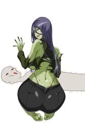 ass bubble_ass bubble_butt cum_in_mouth cum_leaking_out_of_mouth drooling green_skin looking_at_viewer magenta_eyes open_mouth purple_hair rantia resident_evil smiling sucked_dry sucked_off sucked_silly torn_clothes undead undead_female vein veins zombie zombie_girl