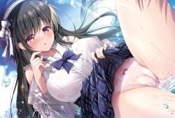 black_hair blue_bow blue_skirt blush bow breasts cameltoe center_frills clothes_lift clothing_cutout female frills hairband large_breasts leg_up lifting_own_clothes long_hair ocean original panties parted_lips plaid_clothes plaid_skirt purple_eyes shirt shoulder_cutout skirt skirt_lift suzui_narumi underwear water wet wet_clothes wet_panties wet_shirt