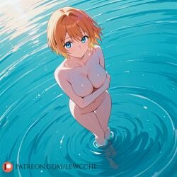 ai ai_generated beach big_eyes blue_eyes blue_eyes_female blush blush covered_breasts covered_nipples day ginger ginger_female ginger_hair girly hand_covering_breasts lake nude nude_female short_hair short_hair_female small_nose standing_in_water sunny water watermark white_body white_face white_skin