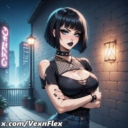 ai_generated artist_name bangs black_hair black_lips black_nails black_shirt blue_eyes blunt_bangs bob_cut bracelet breasts brick_wall building cleavage collar collarbone crossed_arms denim eyeshadow female fence fishnet_top fishnets goth goth_girl gothic hi_res high_resolution jeans jewelry lamppost large_breasts lily_(vexnflex) lips lipstick looking_at_viewer makeup mascara night night_sky outdoors pants parted_lips patreon_username plant potted_plant shirt short_hair short_sleeves sky solo spiked_bracelet spiked_collar spikes torn_clothes upper_body vexnflex watermark web_address