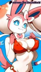 1girls 2025 ai_generated artist_name bikini_pull blue_background blue_eyes breasts breasts breasts bust chest clothes_pull covered_nipples electroworld exposed_nipples female furry furry_female hi_res high_quality high_resolution highres navel nintendo nipple_slip nipples nipples_outside o-ring patreon patreon_username pokemon pulled_by_self smile solo stable_diffusion swimsuit sylveon tail watermark