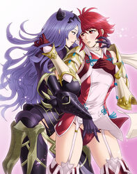 2girls armor armored_boots ass_visible_through_thighs black_panties boots bra_strap bracer breasts camilla_(fire_emblem) cape cleavage dress fire_emblem fire_emblem_fates garter_straps gloves hand_in_hair hand_in_panties highres hinoka_(fire_emblem) japanese_armor large_breasts lips long_hair long_purple_hair multiple_girls panties purple_eyes purple_hair rakusai red_eyes red_hair red_panties scarf short_dress short_hair short_red_hair smile sode thigh_boots thighhighs thighs tiara underwear very_long_hair wavy_hair yuri zettai_ryouiki