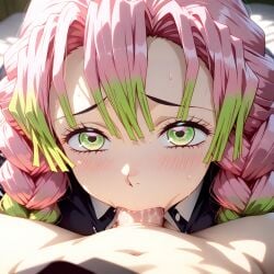 ai_generated blowjob deepthroat green_eyes green_hair kanroji_mitsuri kimetsu_no_yaiba pink_hair two_tone_hair