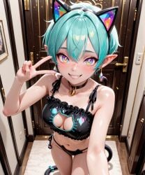 ai_generated animal_ear_fluff animal_ears animal_lingerie animal_tail aqua_hair bangs bare_arms bare_shoulders bed bell black_bra black_choker black_clothes black_panties black_ribbon black_underwear blush bra breasts buccha cat_cutout cat_ear_panties cat_ears cat_girl cat_lingerie cat_tail choker clavicle cleavage cleavage_cutout clothing clothing_cutout collar collarbone door doorway earrings fake_animal_ears female female female_only fingernails freckles frilled_bra frilled_underwear frills glint grin hair_between_eyes hair_ornament hairband hallway hand_up heart indoors jewelry jingle_bell leaning_forward legwear lingerie lips long_fingernails looking_at_viewer medium_breasts meme_attire multicolored_eyes nail_polish navel neck_bell on_bed open_door opening_door original panties pantsu parted_lips paw_pose pink_lips pink_nails pointy_ears pov_doorway purple_eyes ribbon shiny_skin short_hair side-tie_panties sitting slit_pupils small_breasts smile solo standing stomach tail tail_ornament teeth thigh_gap thighs underwear underwear_only v window wooden_floor