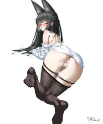 absurdres animal_ears anus ass black_hair black_pantyhose blush clothes_pull female fox_ears fox_girl from_behind highres hoshimi_miyabi looking_at_viewer nisp_art panties panty_pull pantyhose pantyhose_pull pout pussy pussy_juice red_eyes shirt simple_background solo underwear white_background white_shirt zenless_zone_zero