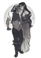 2024 absurd_res artist_logo artist_name azuza bottomwear bottomwear_down breath clothed clothing dated dress duo erection female genitals glans hair handjob hi_res humanoid humanoid_on_humanoid humanoid_pointy_ears logo long_hair looking_pleasured male male/female monochrome narrowed_eyes open_mouth pants pants_down partially_clothed penile penis pointy_ears scales sex simple_background text